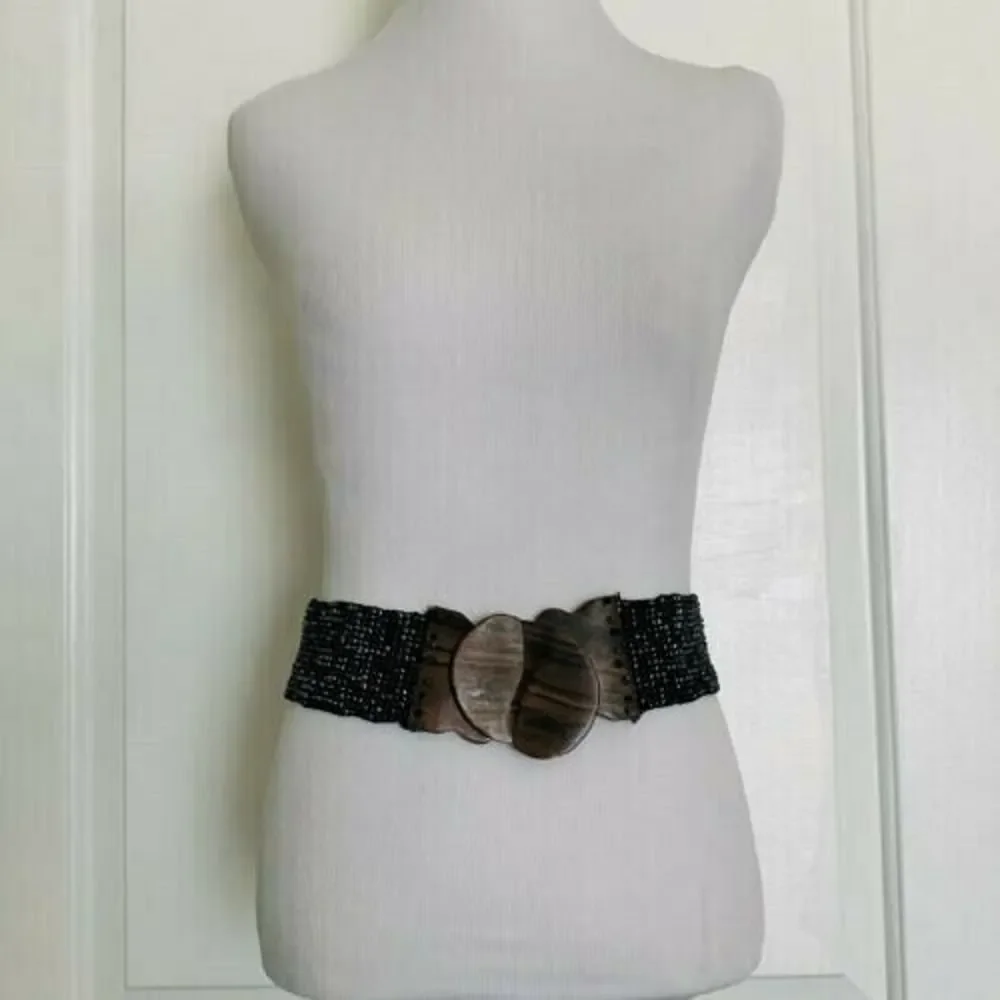 Los Angeles Boutique Beaded Stretch Belt Wood HANDMADE Black Bali Fashion Chic